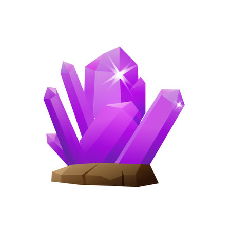 Purple magical shining growing crystals in rock, precious ore deposits vector illustrationのイラスト素材