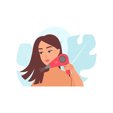 Girl drying long brown hair with hairdryer after shampooing vector illustrationのイラスト素材