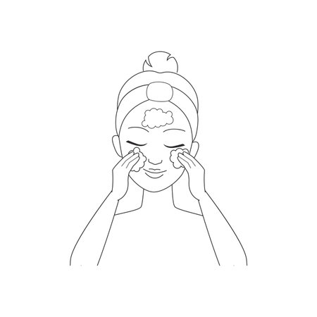 Girl applying foam to skin face to clean pores from makeup and dust line icon vector illustrationのイラスト素材