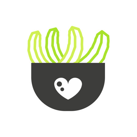 Many plant leaves growing from pot with heart pattern, black and green line icon vector illustrationのイラスト素材