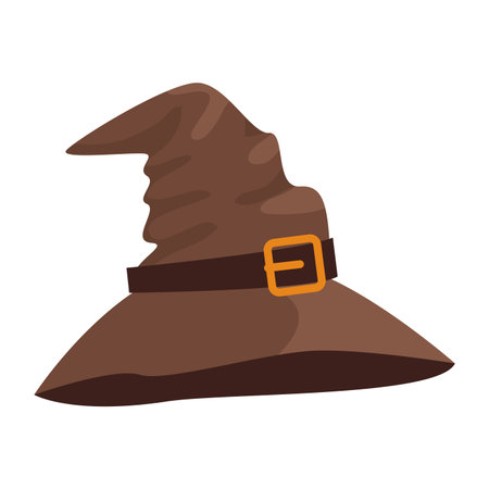 Magic brown witch hat in triangle shape, Halloween accessory vector illustrationのイラスト素材