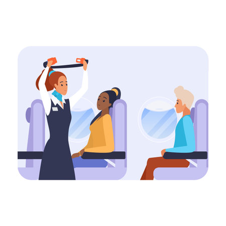 Flight attendant standing in aisle of airplane to explain seat belt instructions vector illustrationのイラスト素材