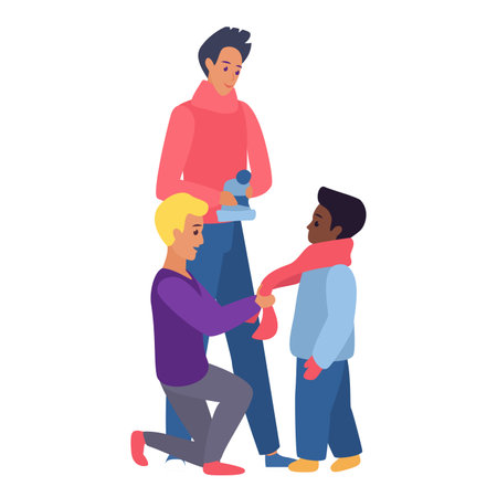 Happy gay family helping little boy to put on hat and scarf, adoption and LGBT vector illustrationのイラスト素材