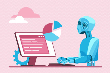 Automation of business project and task, chat bot service, machine learning. Robot employee sitting at computer desk working on pie chart and information on screen cartoon vector illustrationのイラスト素材