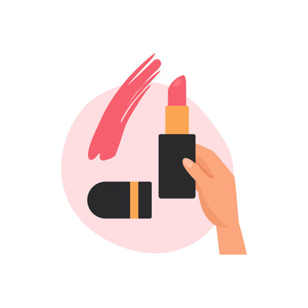 Hand holding black tube with red lipstick stick to make smear example for makeup vector illustrationのイラスト素材