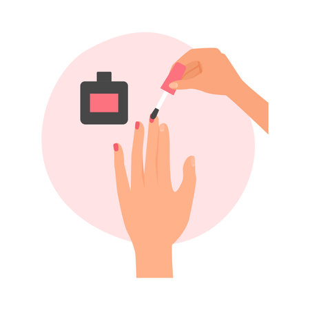 Hand painting own nails with brush, bottle with red nail polish vector illustrationのイラスト素材