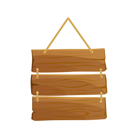 3D hanging wooden sign with three boards on ropes, old information billboard vector illustrationのイラスト素材