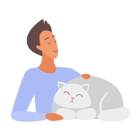 A man sits calmly with his cat on his lap, both appearing relaxed and happy. The image reflects the serene and comforting relationship between a pet and its owner.のイラスト素材