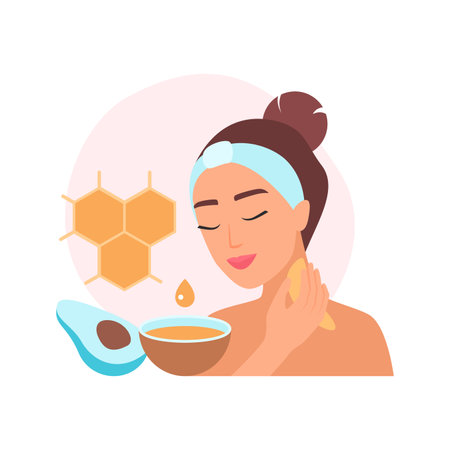 Girl using organic avocado oil and honey on skin to moisturize vector illustrationのイラスト素材