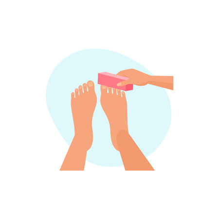 Hand holding nail file to polish toenails, beauty salon pedicure process vector illustrationのイラスト素材