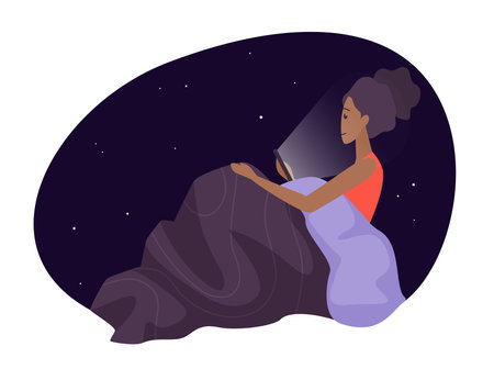 A woman lying in bed at night using a tablet, set against a starry sky, emphasizing nighttime relaxation and digital engagement vector illustration.のイラスト素材