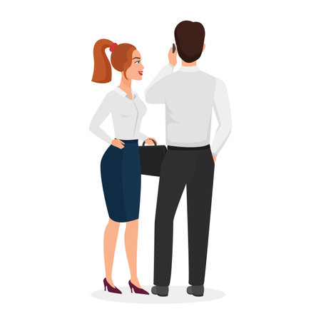 Business interaction between two colleagues, one holding a coffee cup and another a red folder. Ideal for corporate and communication themes vector illustrationのイラスト素材