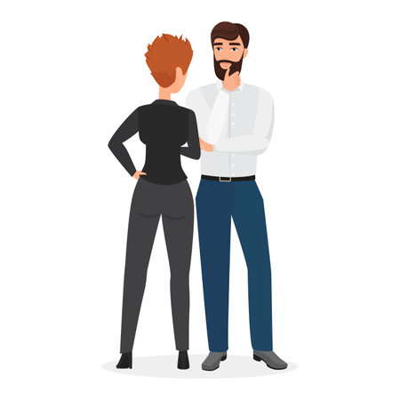 Two colleagues in professional attire engaged in a work-related discussion. Concept of office communication, collaboration, and teamwork vector illustration.のイラスト素材