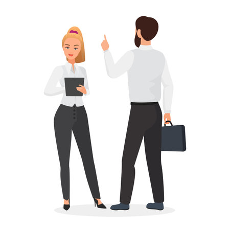 Two business colleagues having a discussion, both holding briefcases, one with finger raised. Ideal for corporate and business themes vector illustrationのイラスト素材