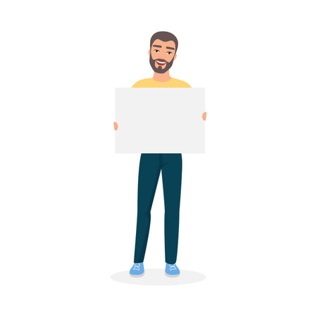 A bearded man holds a blank poster, dressed casually in a yellow shirt and blue jeans, ready for customization.のイラスト素材