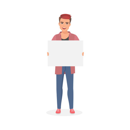 A young man with red hair holds a blank poster, dressed in casual attire with a pink shirt and blue jeans.のイラスト素材
