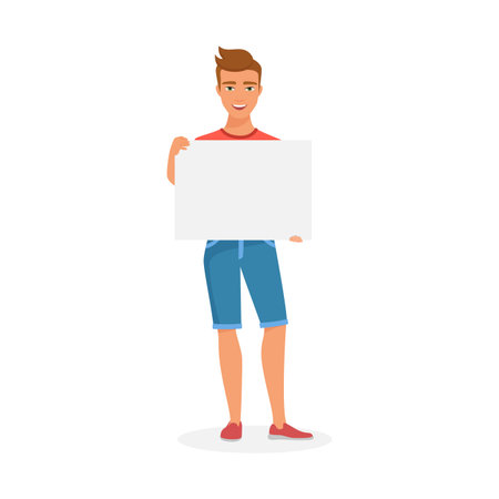 A casual young man holds a blank poster, dressed in a red shirt and blue shorts, smiling confidently.のイラスト素材