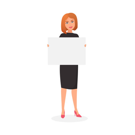 A redhead woman holds a blank poster, dressed in a black dress and pink heels, ready for customization.のイラスト素材