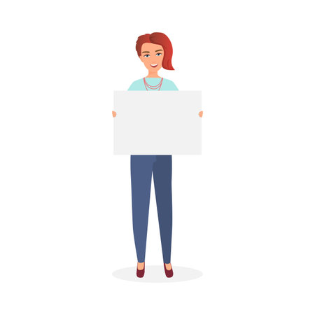 A woman with red hair holds a blank poster, dressed in a blue top and navy pants, smiling confidently.のイラスト素材
