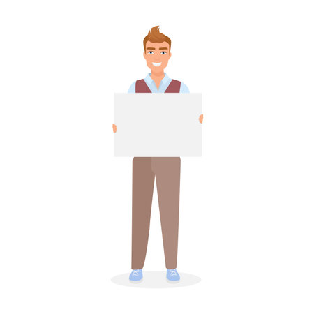 A smiling man holds a blank poster, dressed in a vest and brown pants, ready for customization.のイラスト素材