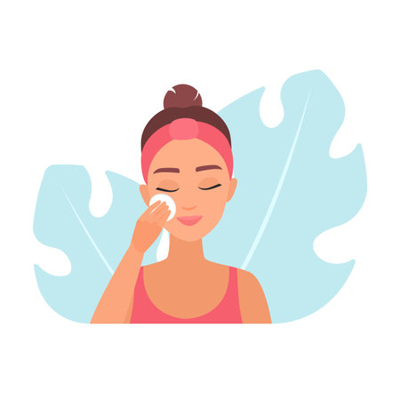 Vector illustration of a woman applying facial mist spray for hydration and skincare.のイラスト素材