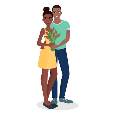 Vector illustration of a couple standing together with flowers, symbolizing romance and affection.のイラスト素材