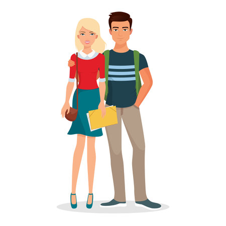 Vector illustration of a students couple standing together, representing education and friendship.のイラスト素材