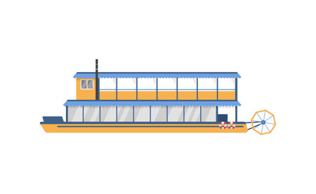 Detailed vector illustration of a paddle steamer with blue and yellow color scheme.のイラスト素材