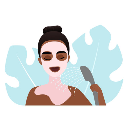 Detailed vector illustration of a woman showering with face mask on.のイラスト素材