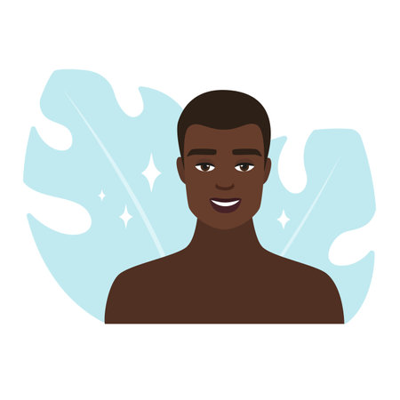 Detailed vector illustration of a man smiling after completing his skincare routine.のイラスト素材