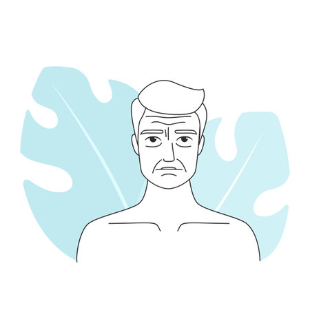 Vector illustration of a male portrait with aging signs and a light blue background.のイラスト素材