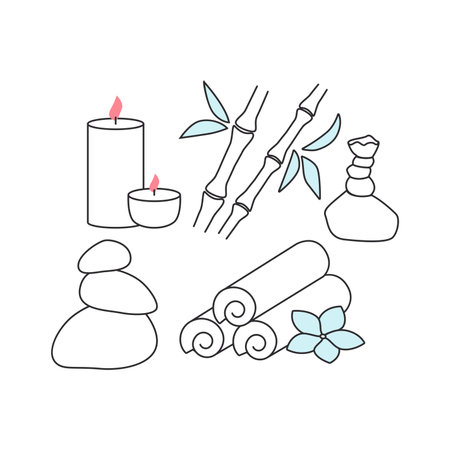 Vector line art of spa elements including candles, bamboo, and towels, ideal for relaxation and wellness concepts.のイラスト素材