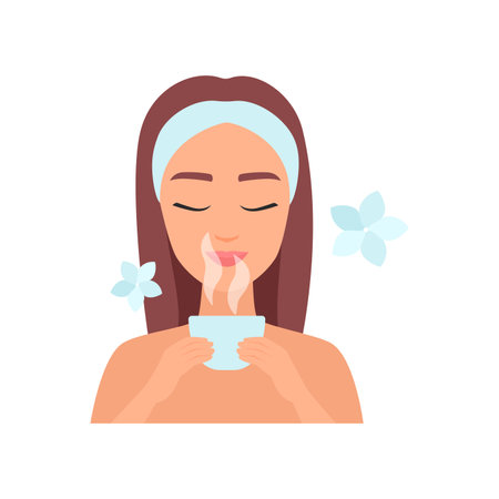 Vector illustration of a woman enjoying aromatherapy with tea, symbolizing relaxation and wellness.のイラスト素材