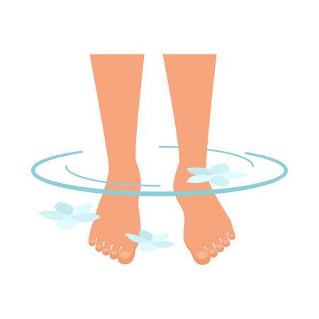 Flat vector illustration showing feet soaking in spa water with flowers, ideal for relaxation and wellness themes.のイラスト素材