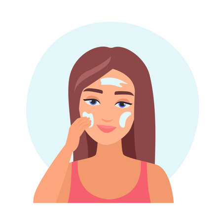Illustration of a woman applying SPF cream to her face for sun protection.のイラスト素材