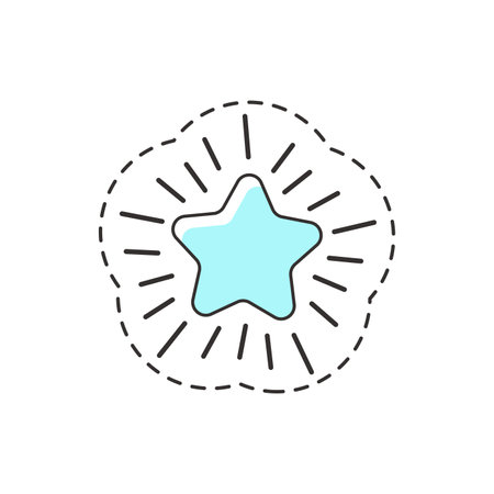 Vector image of a starburst with a light blue star, designed as a sticker with a dashed outline.のイラスト素材