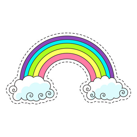 Vector image of a rainbow with clouds, designed as a sticker with a dashed outline.のイラスト素材