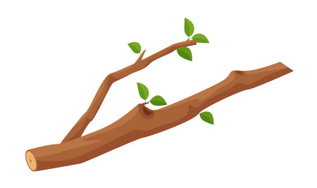 Vector illustration of a wooden branch with green leaves. Ideal for nature, ecology, and botanical design projects.のイラスト素材