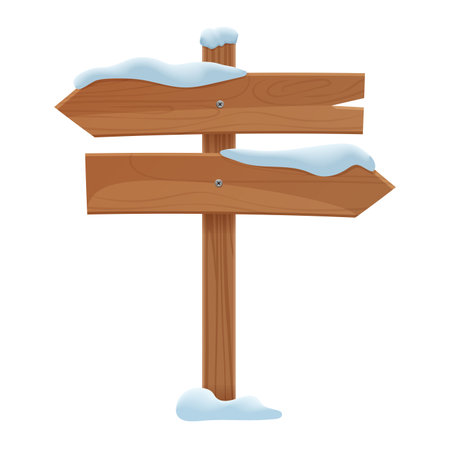 Vector illustration of wooden direction signs covered with snow, ideal for seasonal designs.のイラスト素材