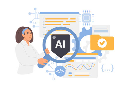 Artificial intelligence and neural networks control, search and coding check with AI. Tiny woman looking through magnifying glass at code, learning and testing program bugs cartoon vector illustrationのイラスト素材