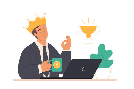 Pride and charisma, narcissism of successful business leader with crown of king. Confident boss narcissist, egocentric person of president and billionaire with noble reward cartoon vector illustrationのイラスト素材