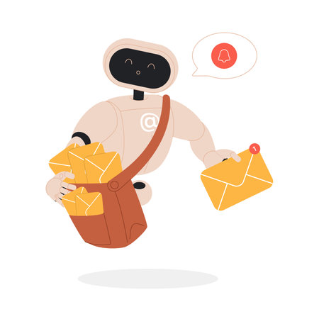 Mailbox message management and delivery automation with AI service. Cute futuristic robot character with postman bag holding envelopes with email letters to deliver to user cartoon vector illustrationのイラスト素材