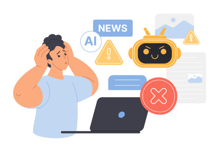 AI ethics, artificial intelligence content governance, regulation and control. Frightened man reading scary news sitting at laptop, warning message about evil robot cartoon vector illustrationのイラスト素材