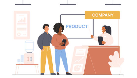 Business exhibition, promo advertising and information display on tradeshow event. Woman promoter with pointer showing commercial product presentation to visitors couple cartoon vector illustrationのイラスト素材