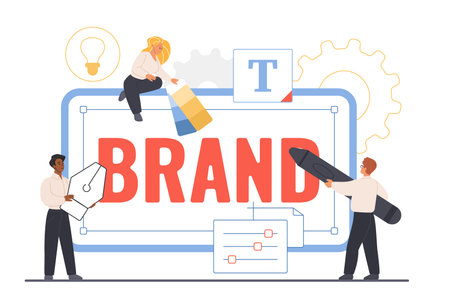 Brand recognition, reputation or identity for customer building, design creation by designers. Tiny...
