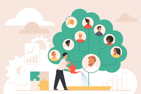 Corporate company team development, growth of professional staff skills and value. Tiny businessman and employer growing tree with employee portraits avatars, develop team cartoon vector illustrationのイラスト素材