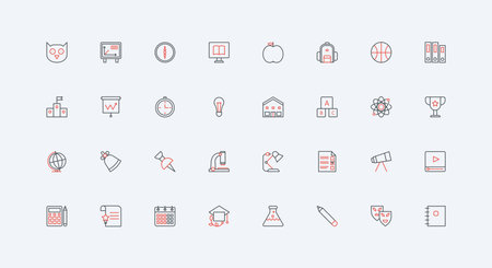 School education and online training line icon set. Backpack, certificate and stationery of student, video lesson study and knowledge, book thin black and red outline symbols vector illustrationのイラスト素材