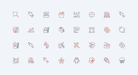Seafood, organic fish and seashells in healthy restaurant food menu line icon set. Fresh salmon fillet, shrimps on skewer, sardines can, squid thin black and red outline symbols vector illustrationのイラスト素材