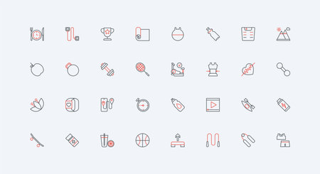 Fitness workout, healthy food to control weight and muscle strength line icon set. Sport exercise with weights in gym, sportswear and treadmill thin black and red outline symbols vector illustrationのイラスト素材