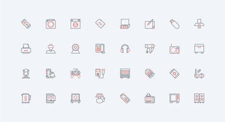Modern gadgets line icon set. Portable electronic devices, smart multimedia equipment, computer and phone, laptop and artists tablet with pen thin black and red outline symbols vector illustrationのイラスト素材